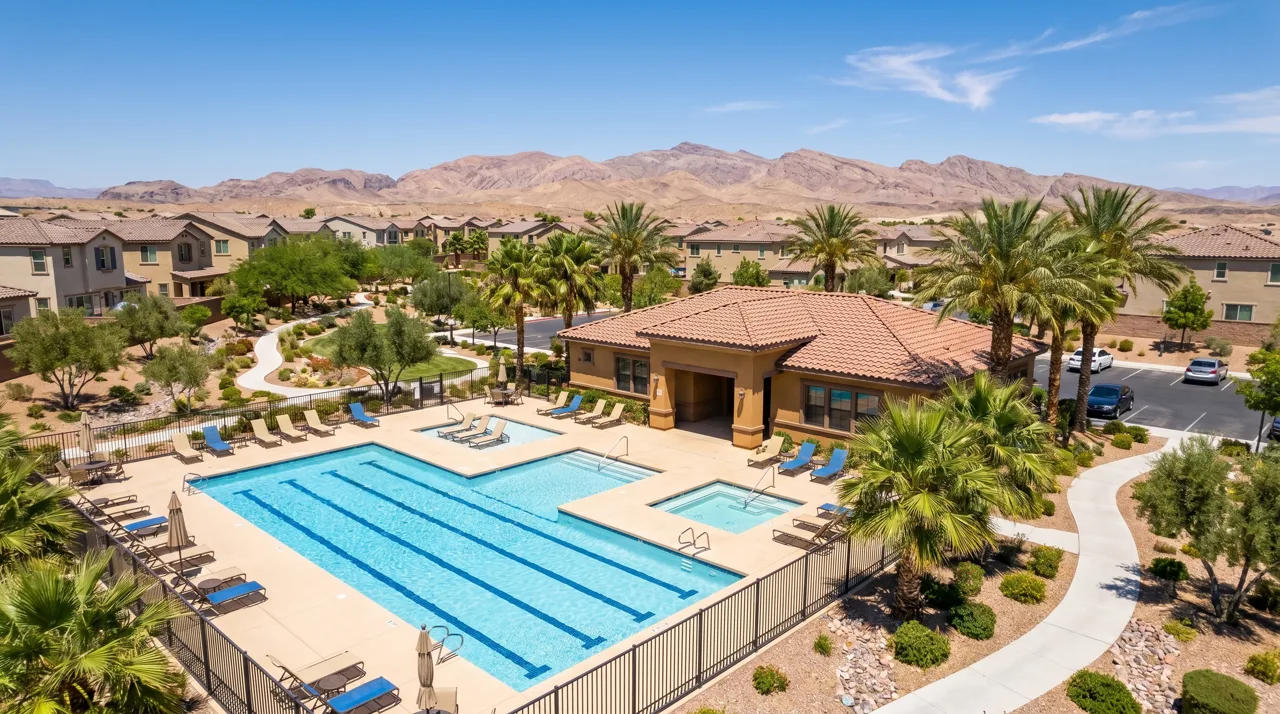 Community pool and clubhouse in a Henderson master-planned neighborhood with walking trails and desert landscaping