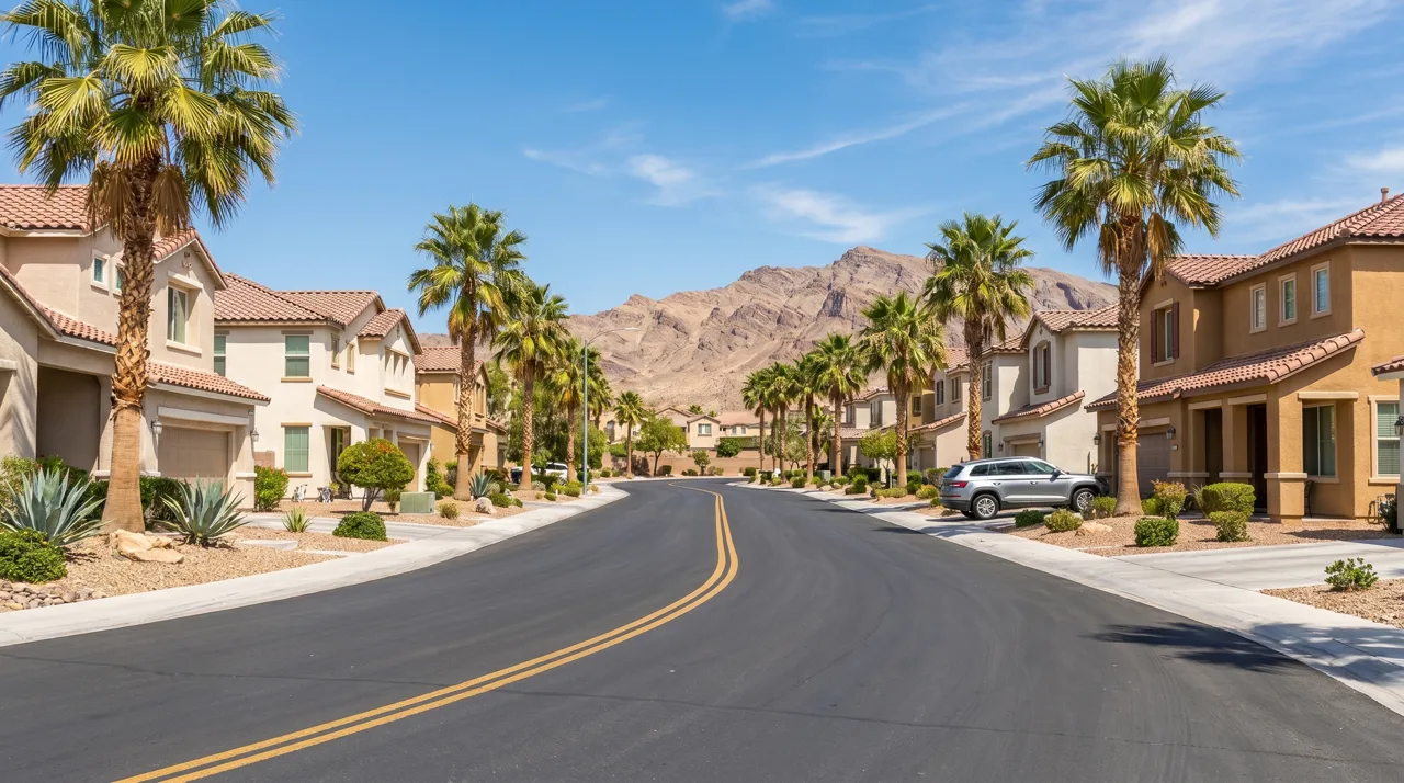 Residential homes in a Henderson Nevada neighborhood with palm trees and mountain views