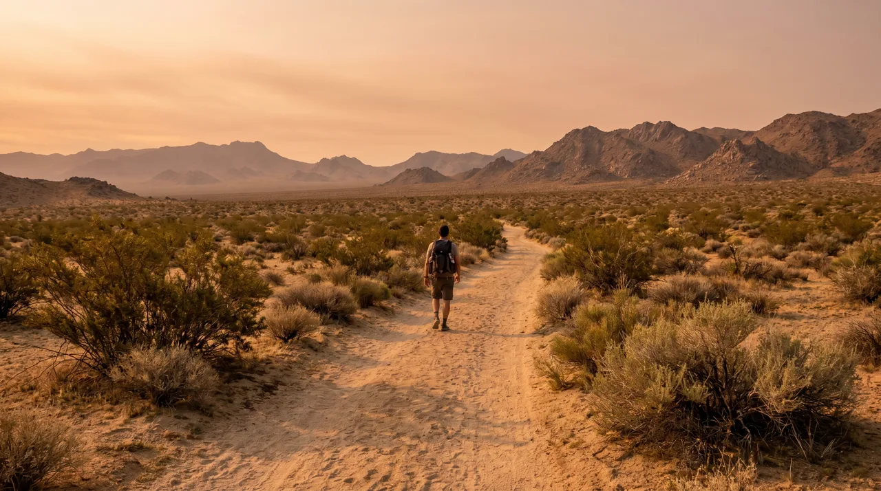 A lone hiker walking along a Mojave Desert trail near Henderson, Nevada