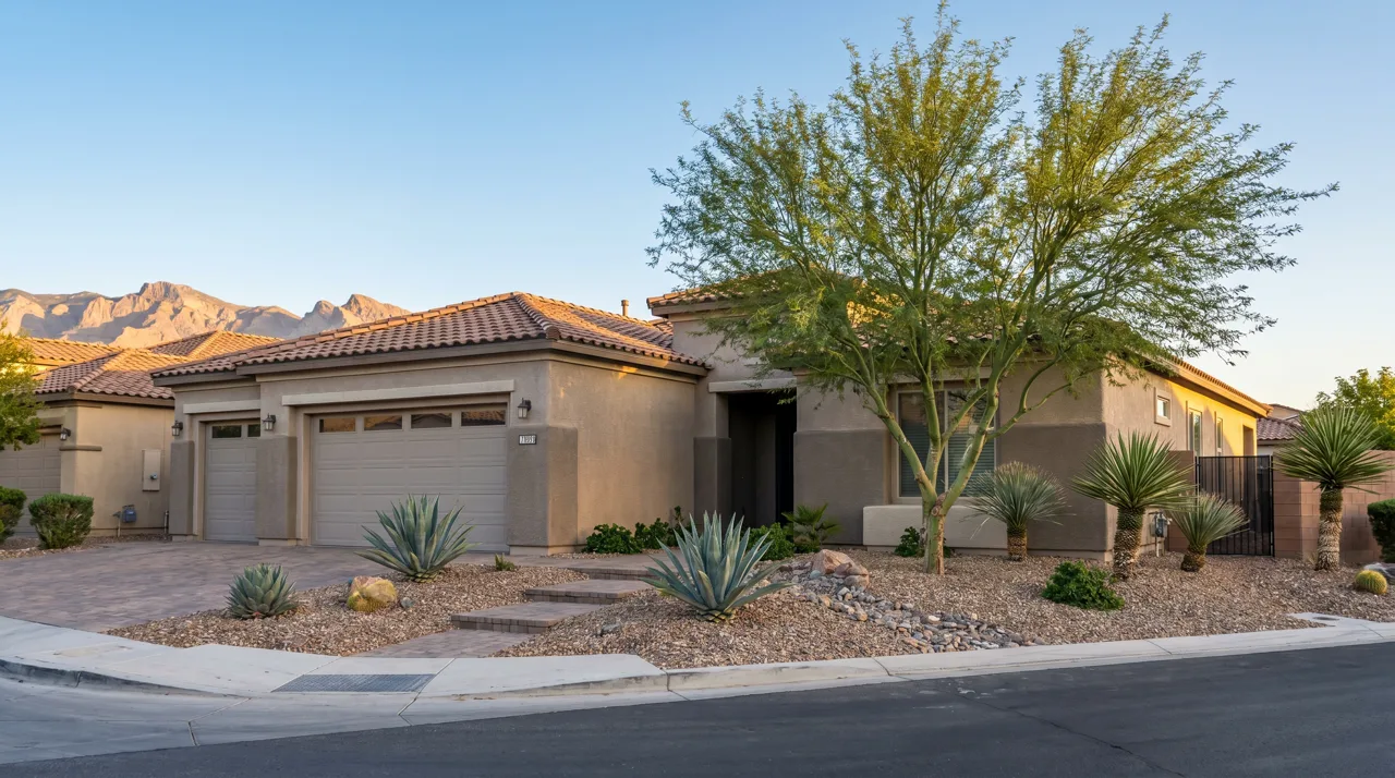 Modern single-story Henderson home with three-car garage and desert xeriscape landscaping