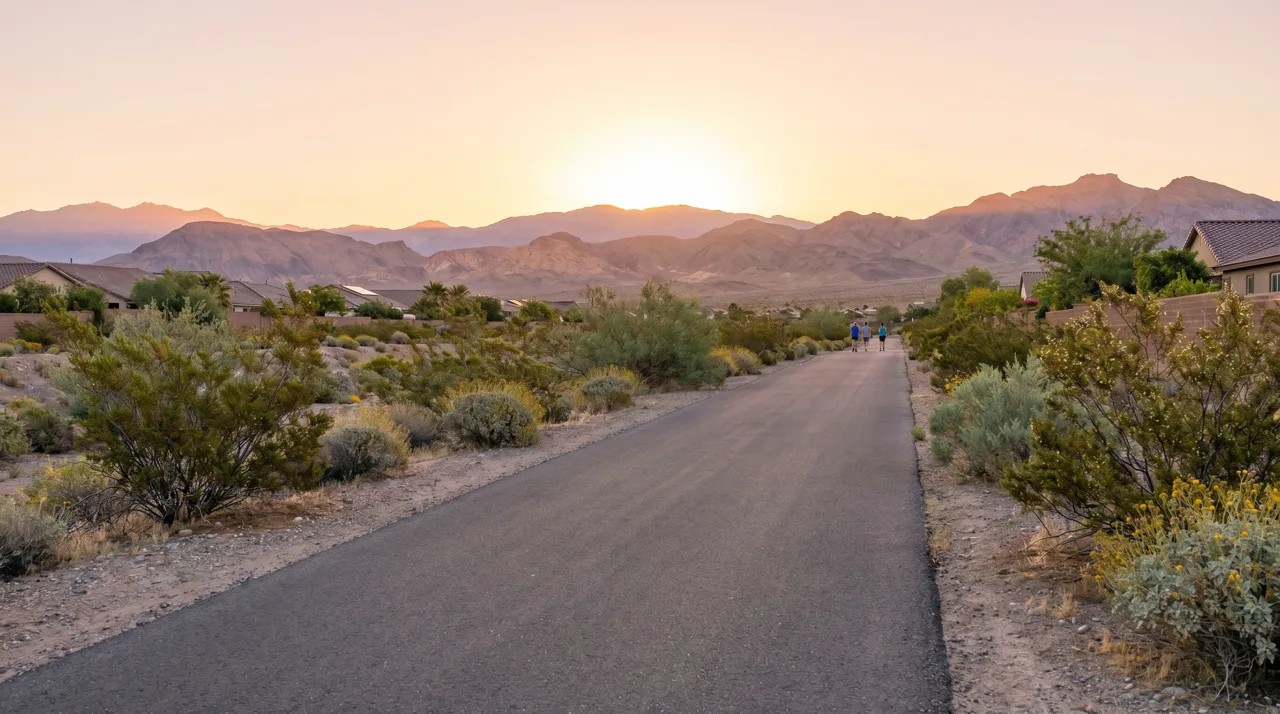 Paved suburban hiking and biking trail at sunrise with desert mountains and joggers in the distance