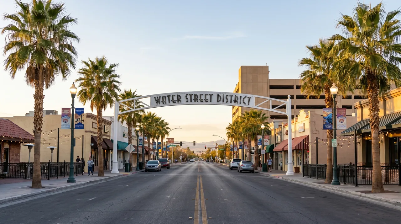 Water Street District in downtown Henderson Nevada with restaurants, shops, and outdoor seating along the corridor
