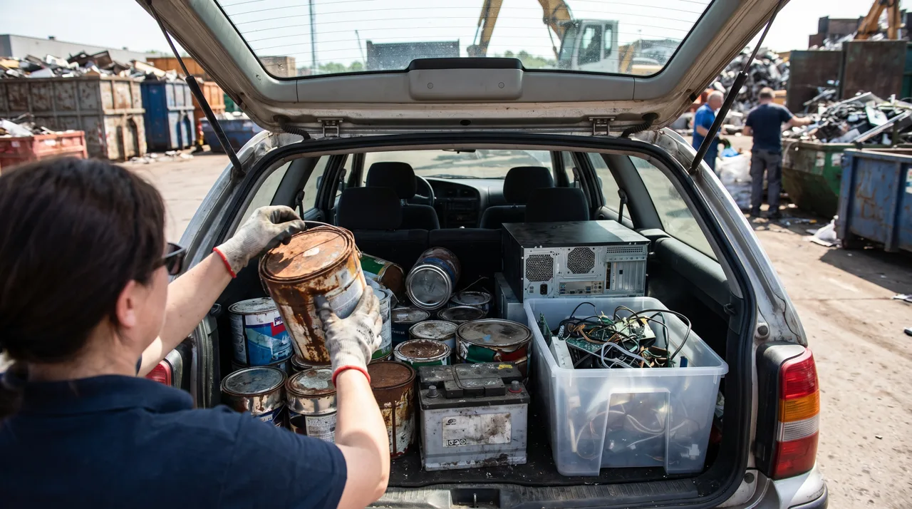 Paint cans, car battery, and old electronics being unloaded from an open car trunk at a household hazardous waste drop-off site
