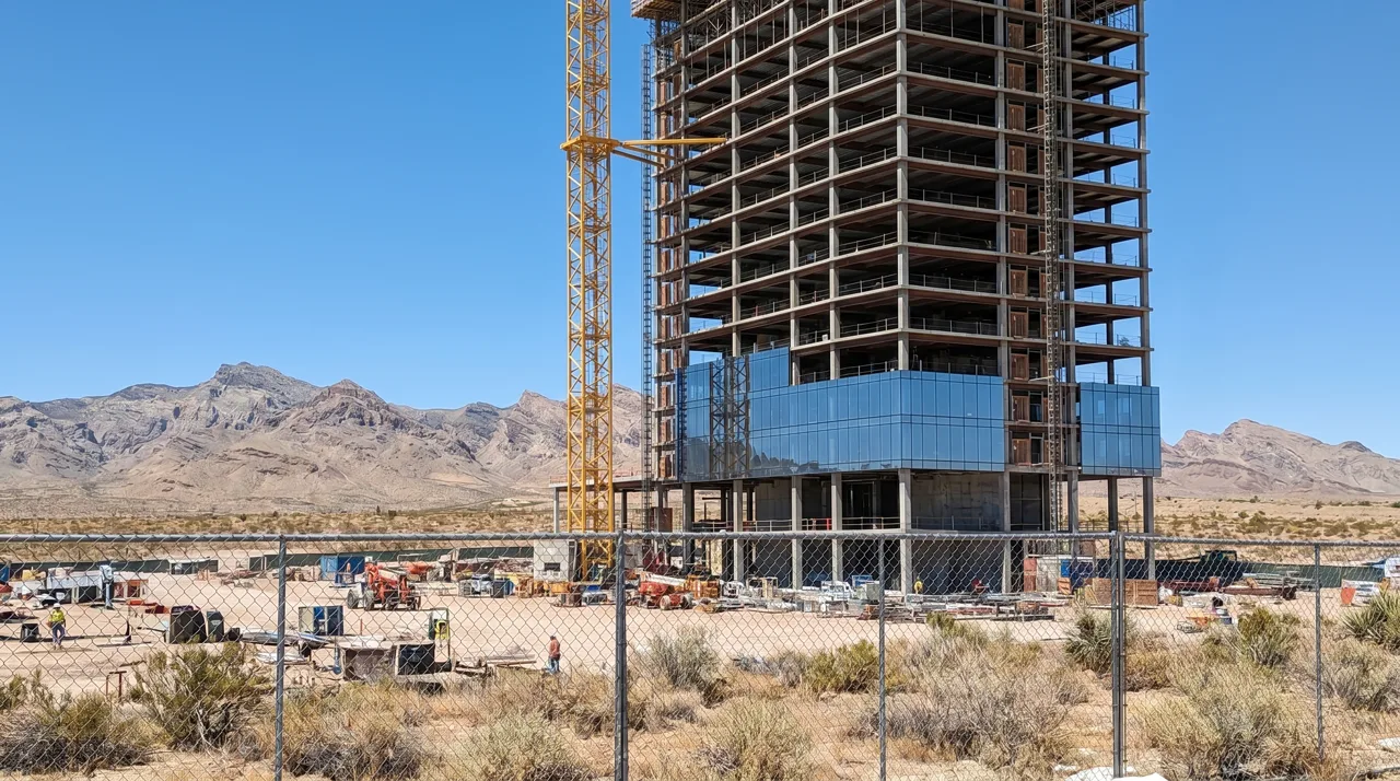 High-rise residential tower under construction with crane and steel framing against desert mountains