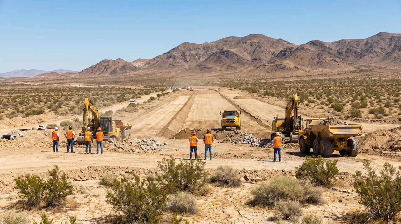 High-speed rail construction site with workers and heavy equipment in a desert setting