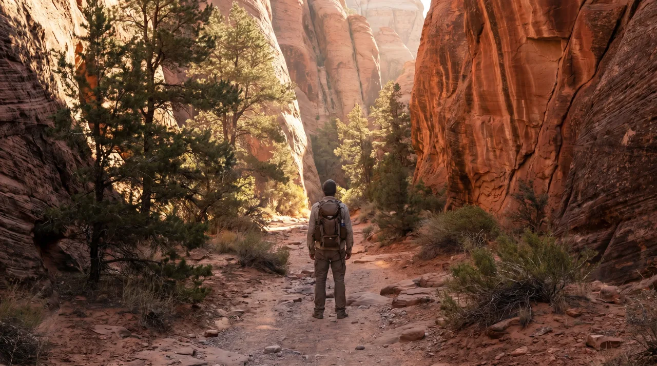 A hiker pausing on a rocky trail between tall red sandstone canyon walls in the Mojave Desert