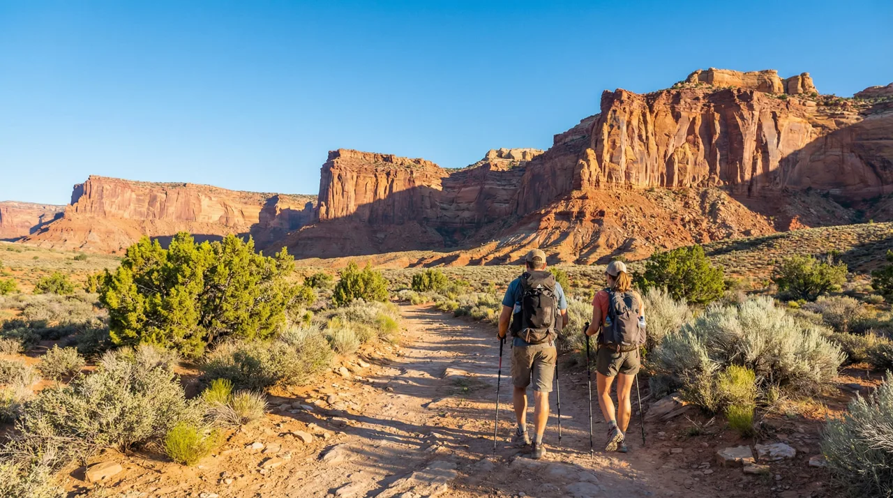 Two hikers on a desert trail approaching dramatic red sandstone cliffs under clear blue sky near Las Vegas