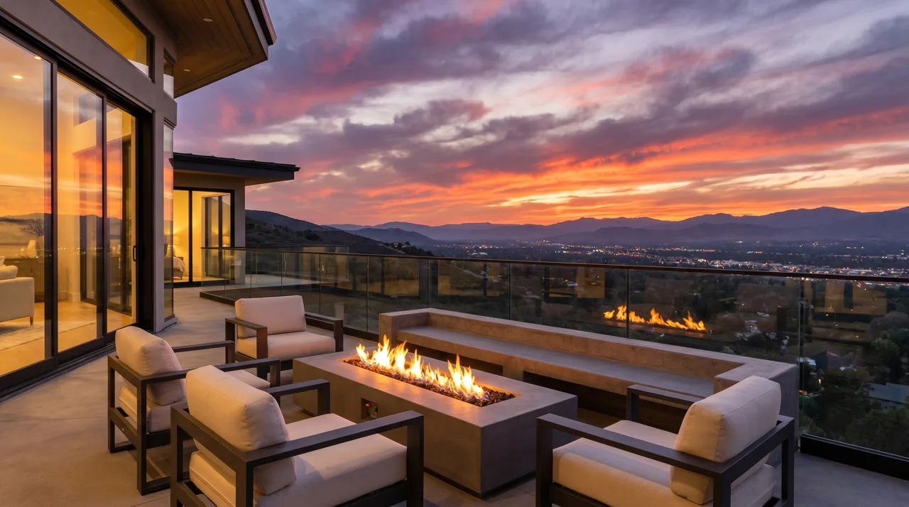 Hillside home backyard with panoramic Las Vegas Valley views at sunset