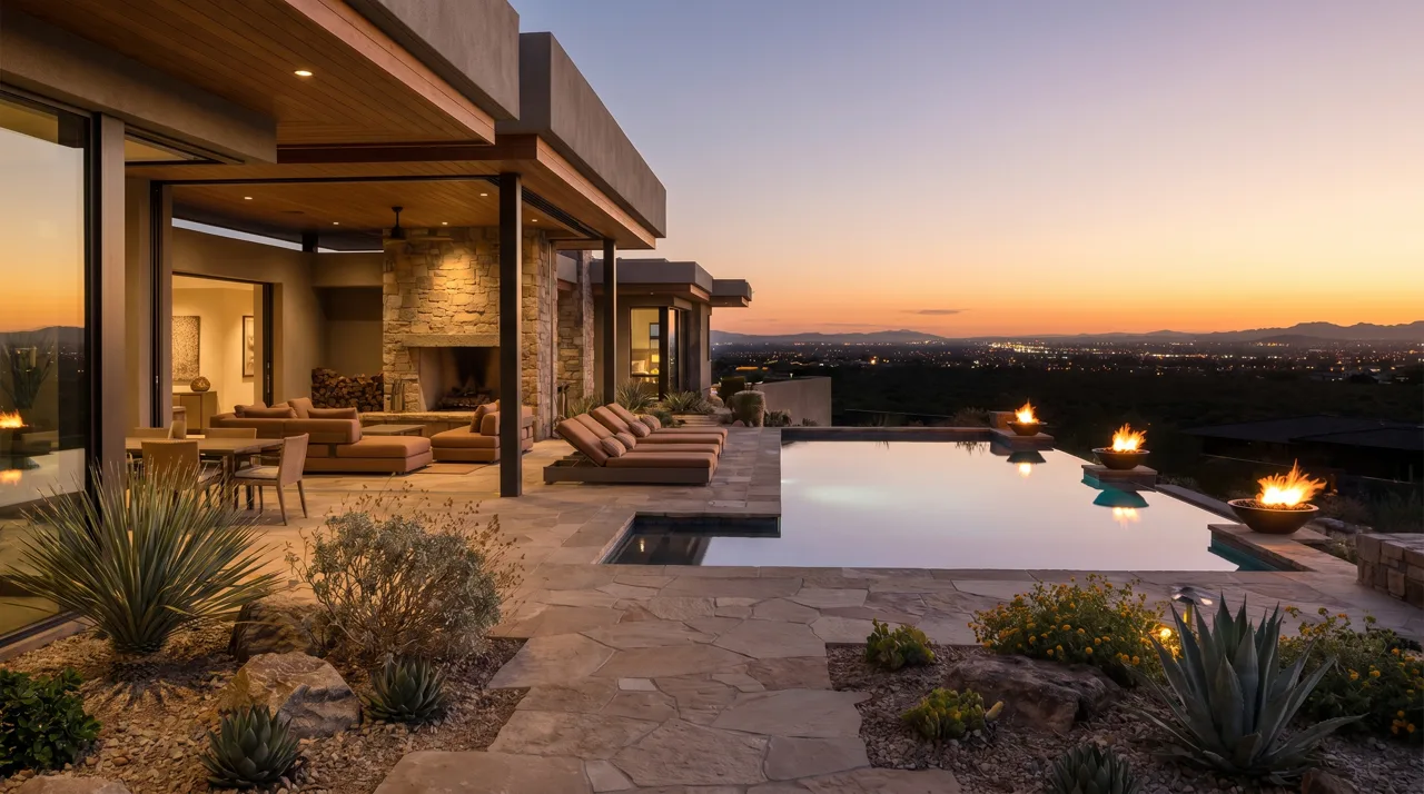 Hillside desert contemporary home with infinity pool, fire bowls, and glass walls opening to a covered outdoor living room