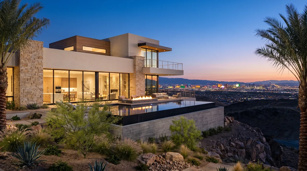 Modern luxury custom home on a Henderson hillside overlooking the Las Vegas Strip skyline at dusk