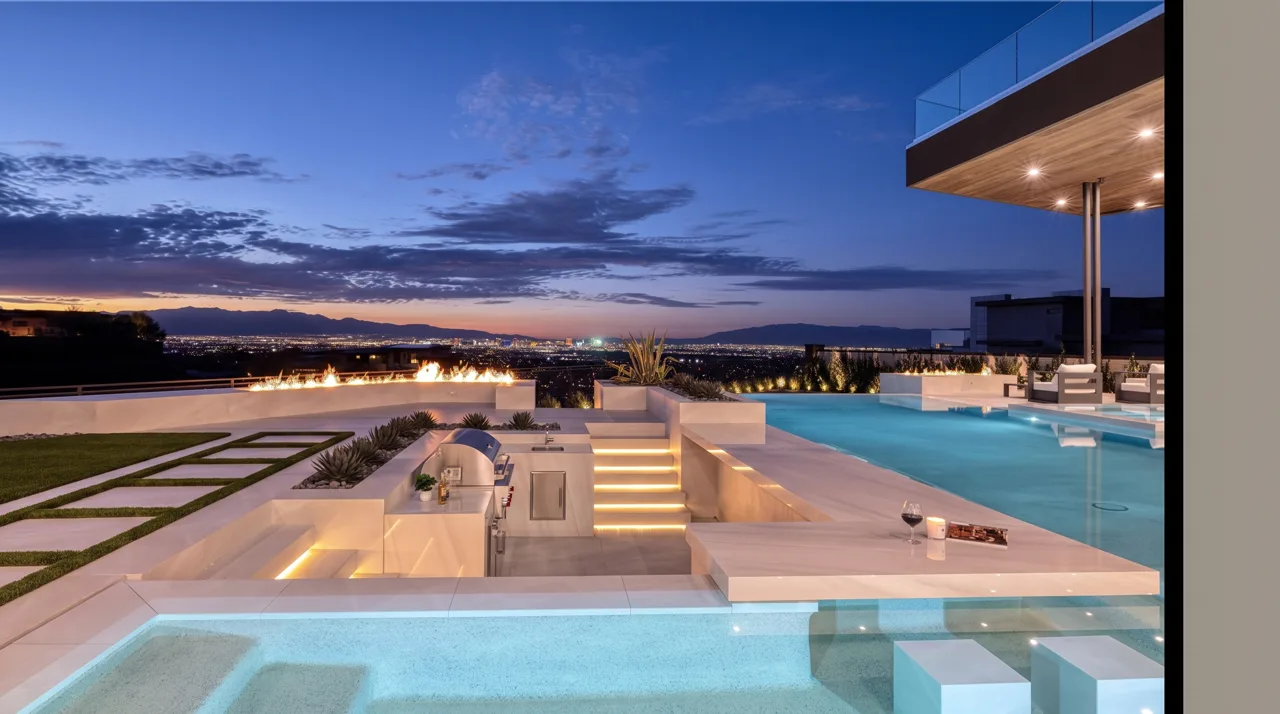 Hillside Las Vegas luxury home at dusk with an infinity pool, fire bowl, and the Las Vegas Strip skyline glowing in the distance