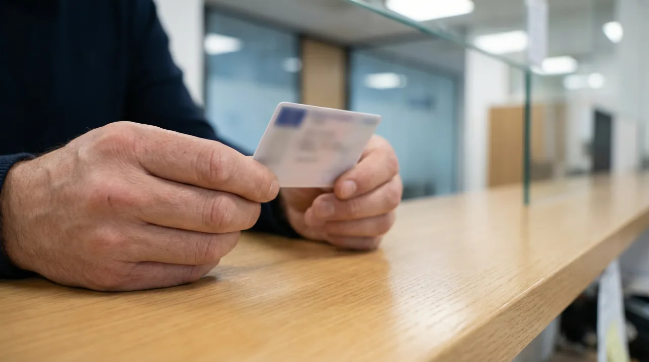 Hands holding a driver's license card at a DMV office counter