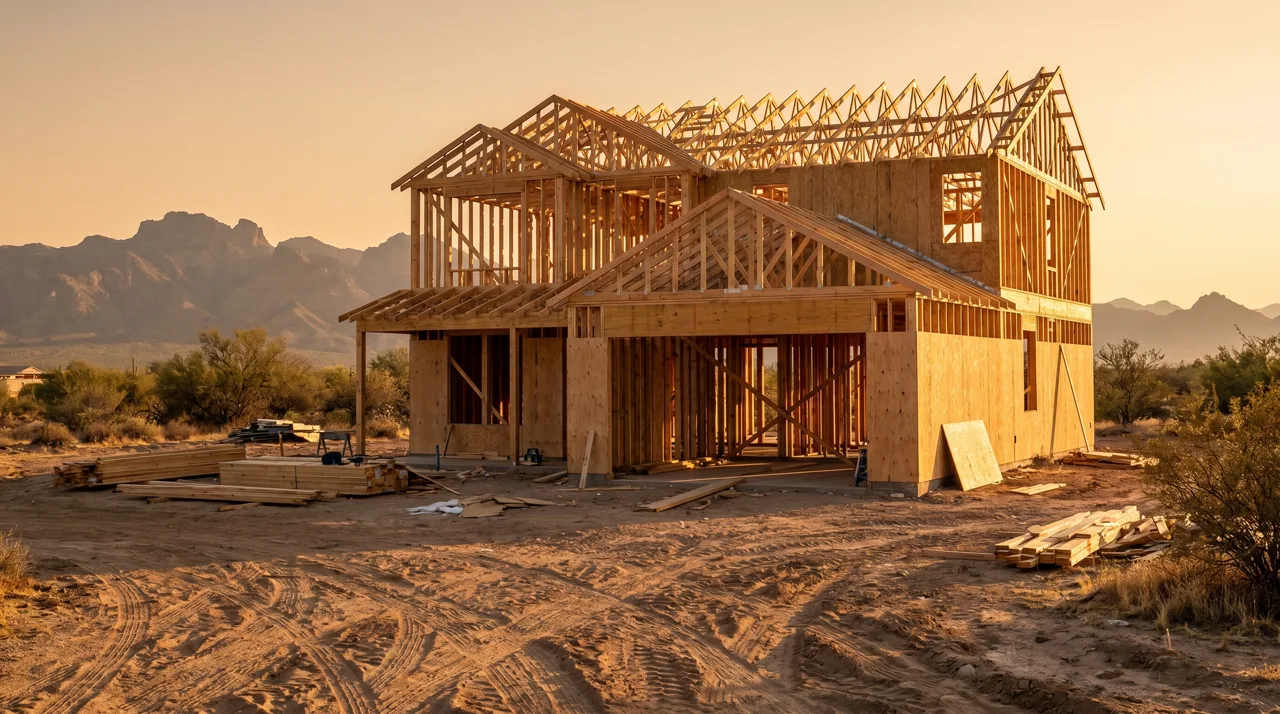New home under construction with exposed wood framing on a desert lot in Las Vegas