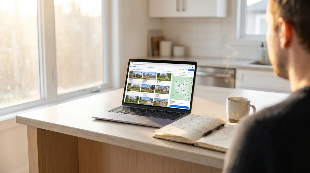 A homebuyer using a laptop to research a property with coffee and notebook nearby