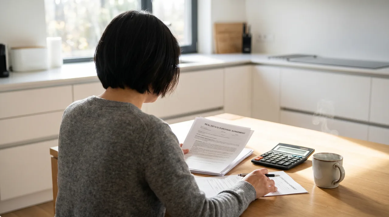 Homebuyer reviewing real estate contract documents at a kitchen table with a calculator and coffee mug