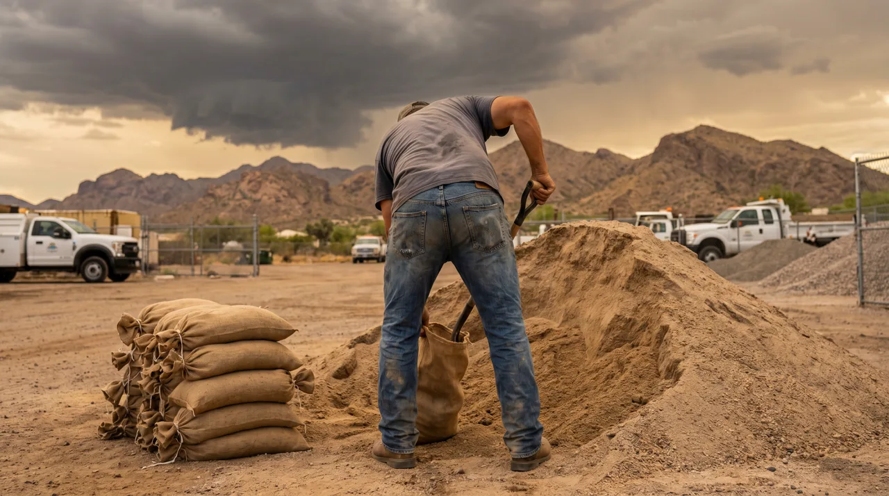 A homeowner filling sandbags at an outdoor community distribution site ahead of a monsoon storm