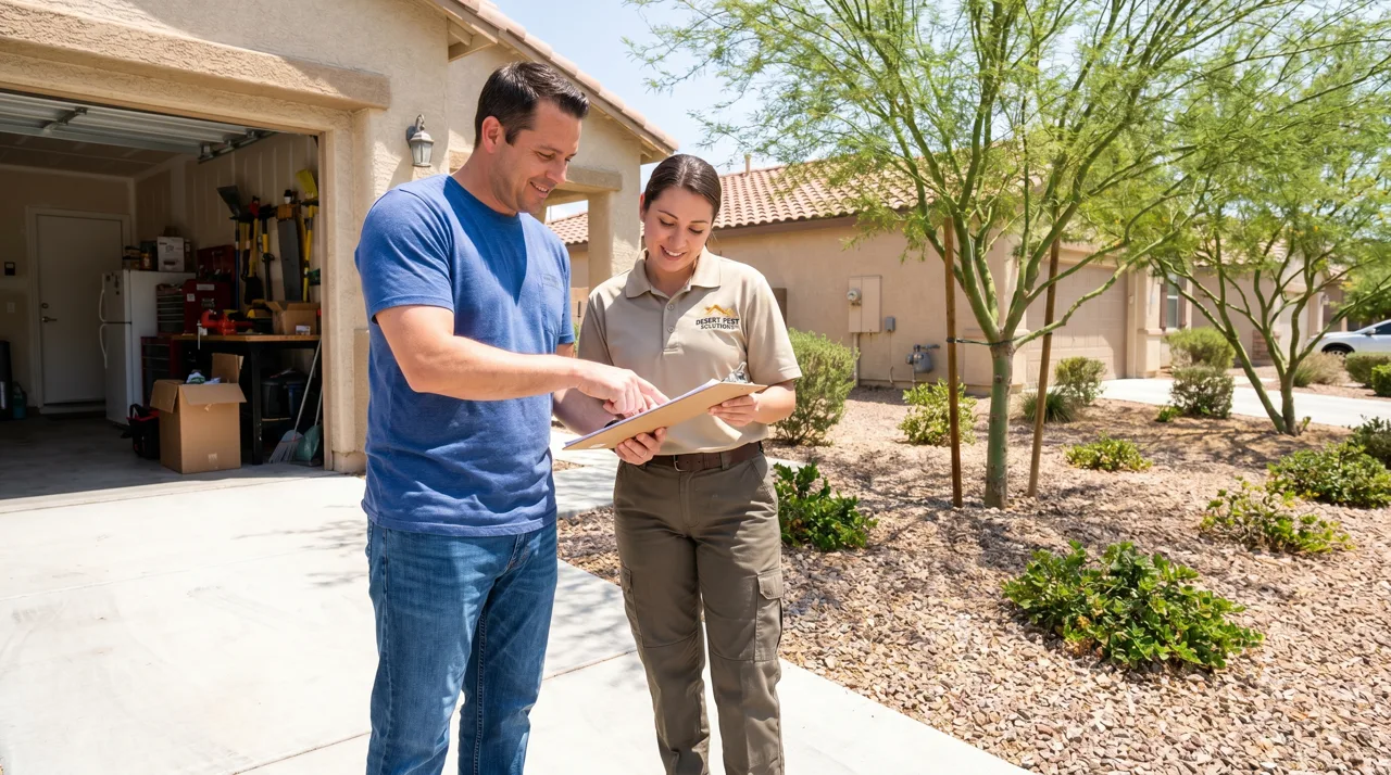 Las Vegas homeowner reviewing paperwork with a pest control technician outside an open garage with desert landscaping visible