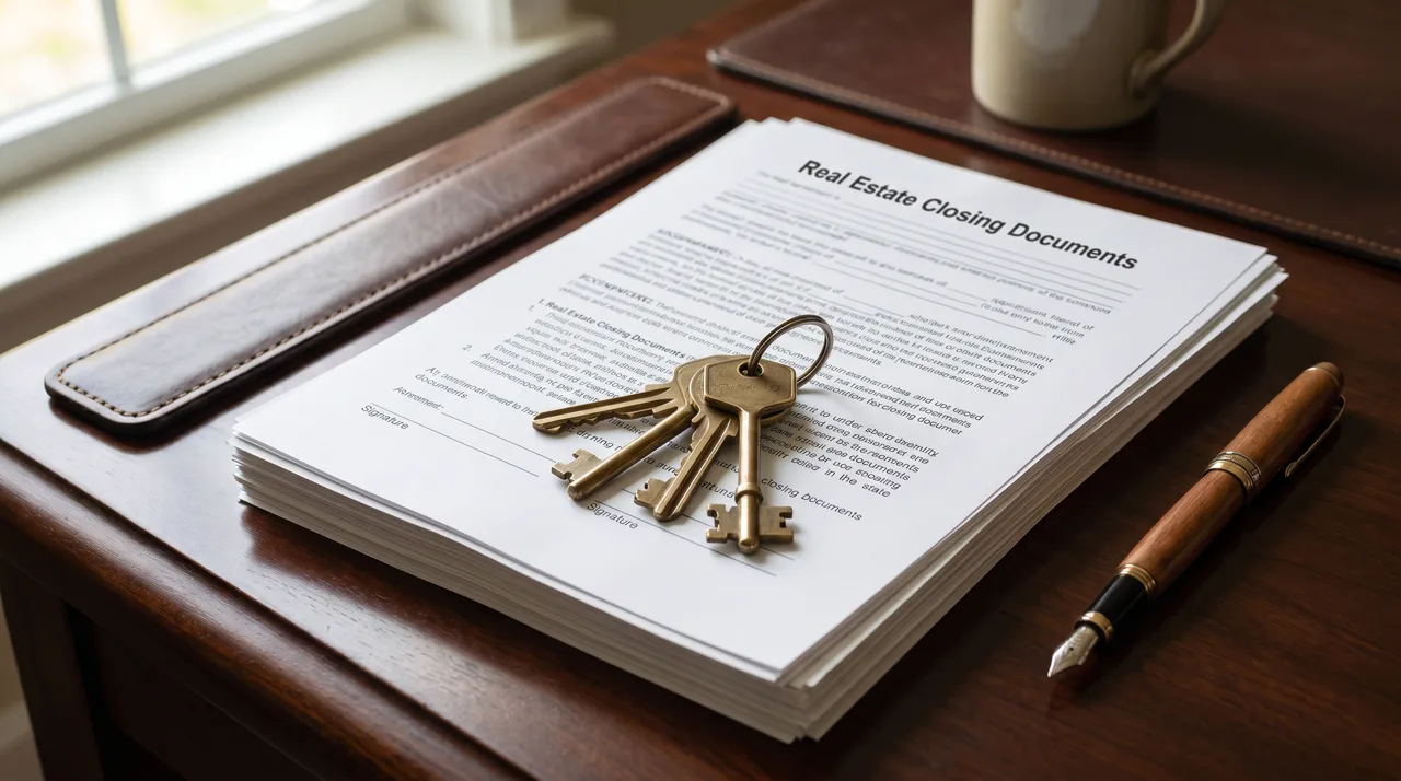 House keys resting on closing paperwork next to a pen on a desk
