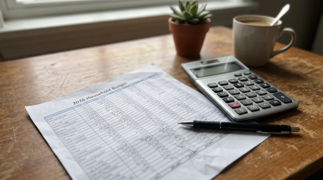 Close-up of a household budget spreadsheet with a calculator and pen under soft natural lighting