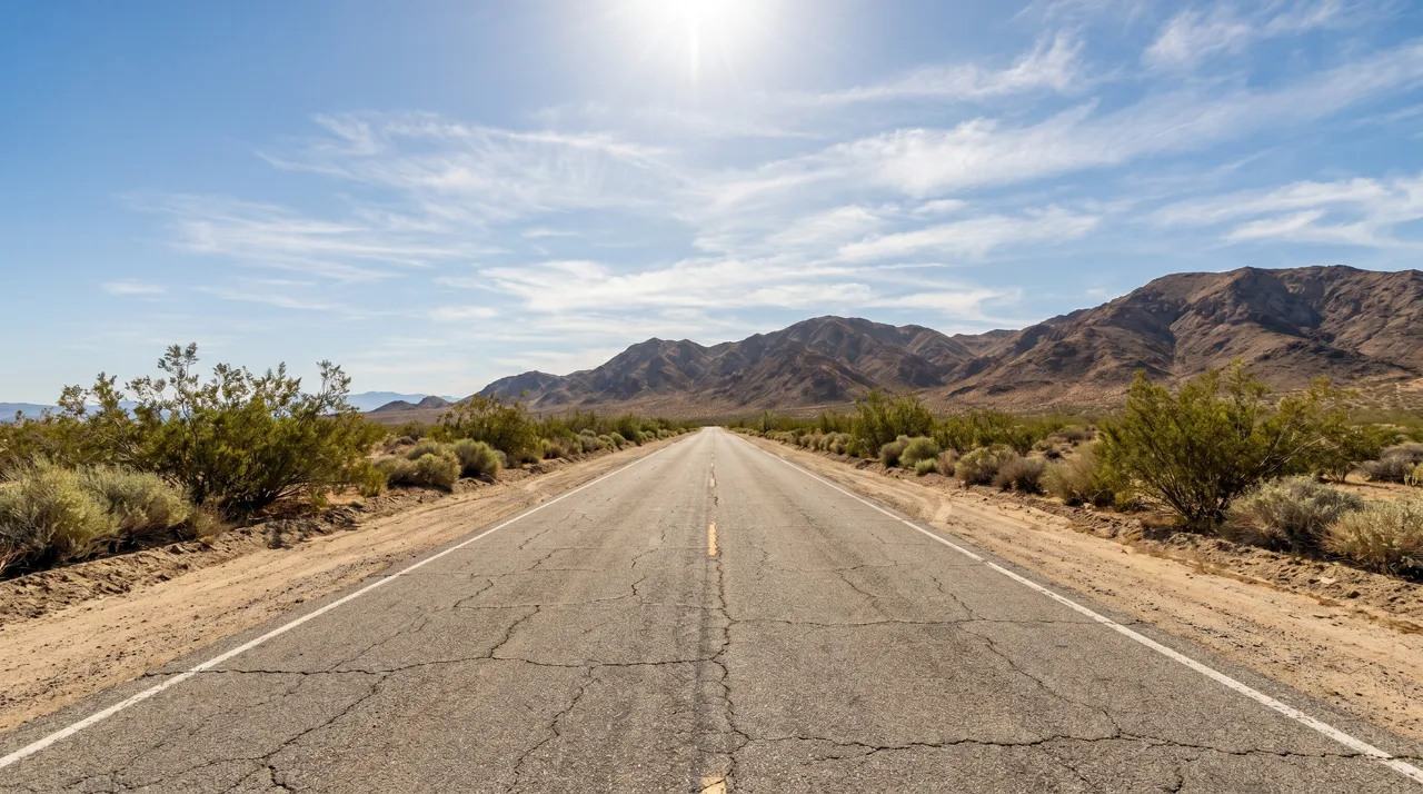 Empty desert highway through the Mojave Desert with mountains in the distance, evoking the I-15 drive between San Diego and Las Vegas
