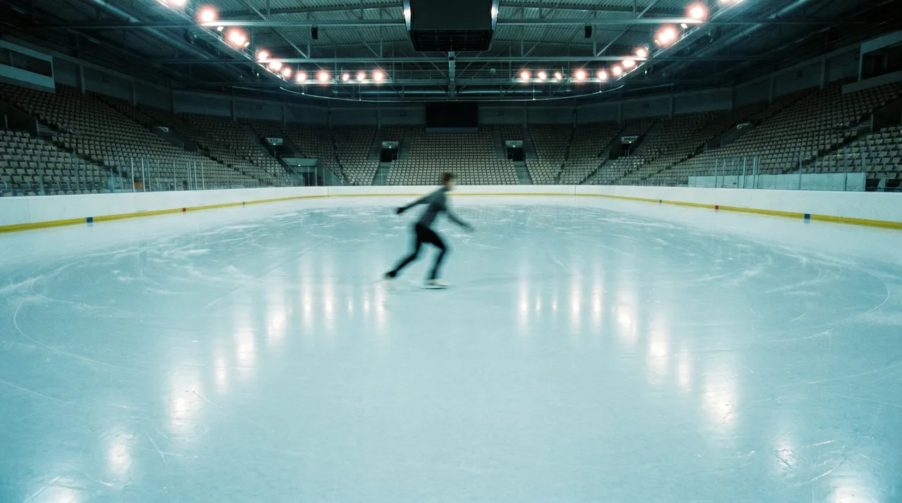 Lone ice skater gliding across a brightly lit indoor ice rink