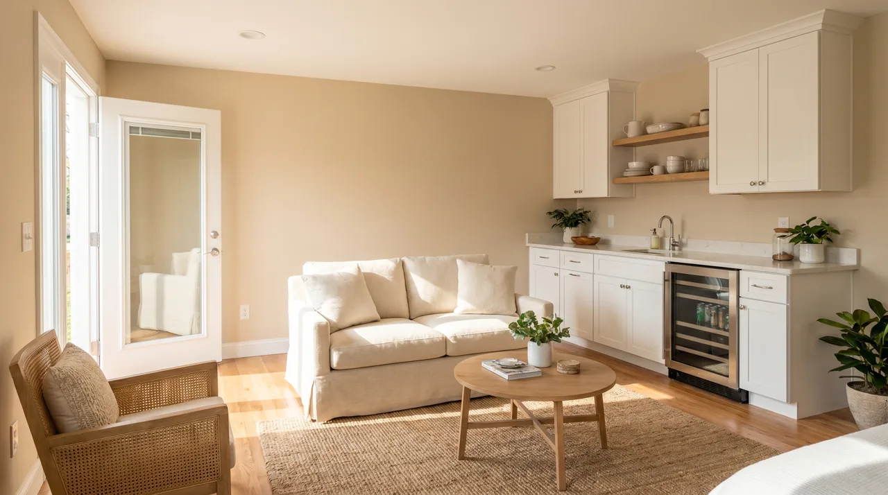 Interior of a private in-law suite with a sitting area, kitchenette, and a private side entrance in a new Las Vegas home