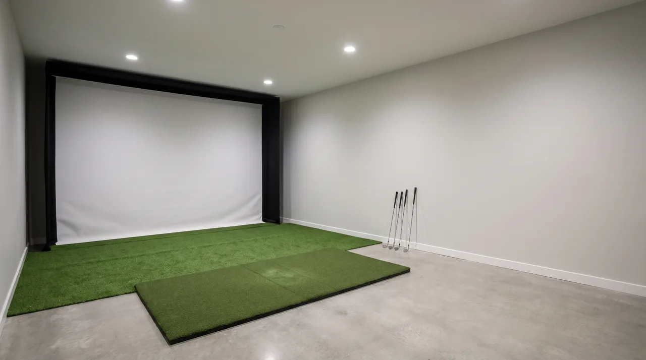 Clean modern indoor golf hitting bay with hitting mat and impact net in a Las Vegas training studio