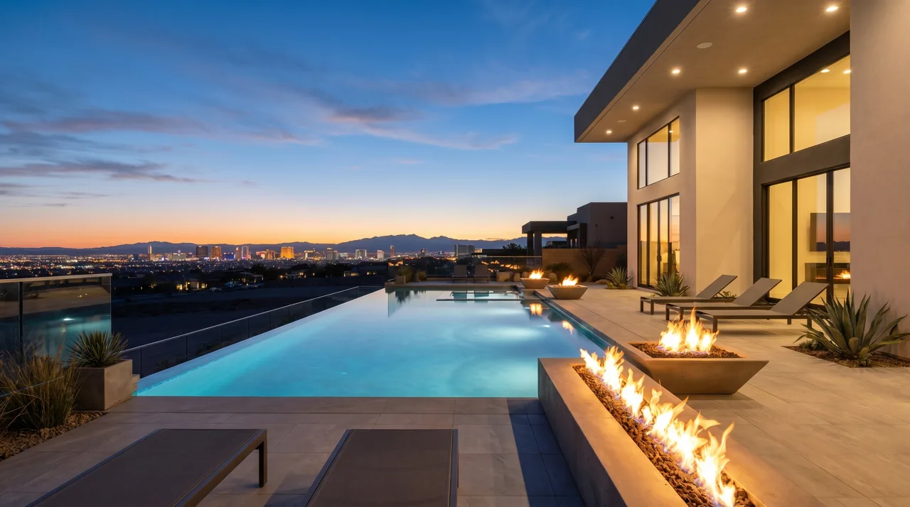 Infinity edge pool with fire bowls overlooking the Las Vegas Strip skyline at dusk