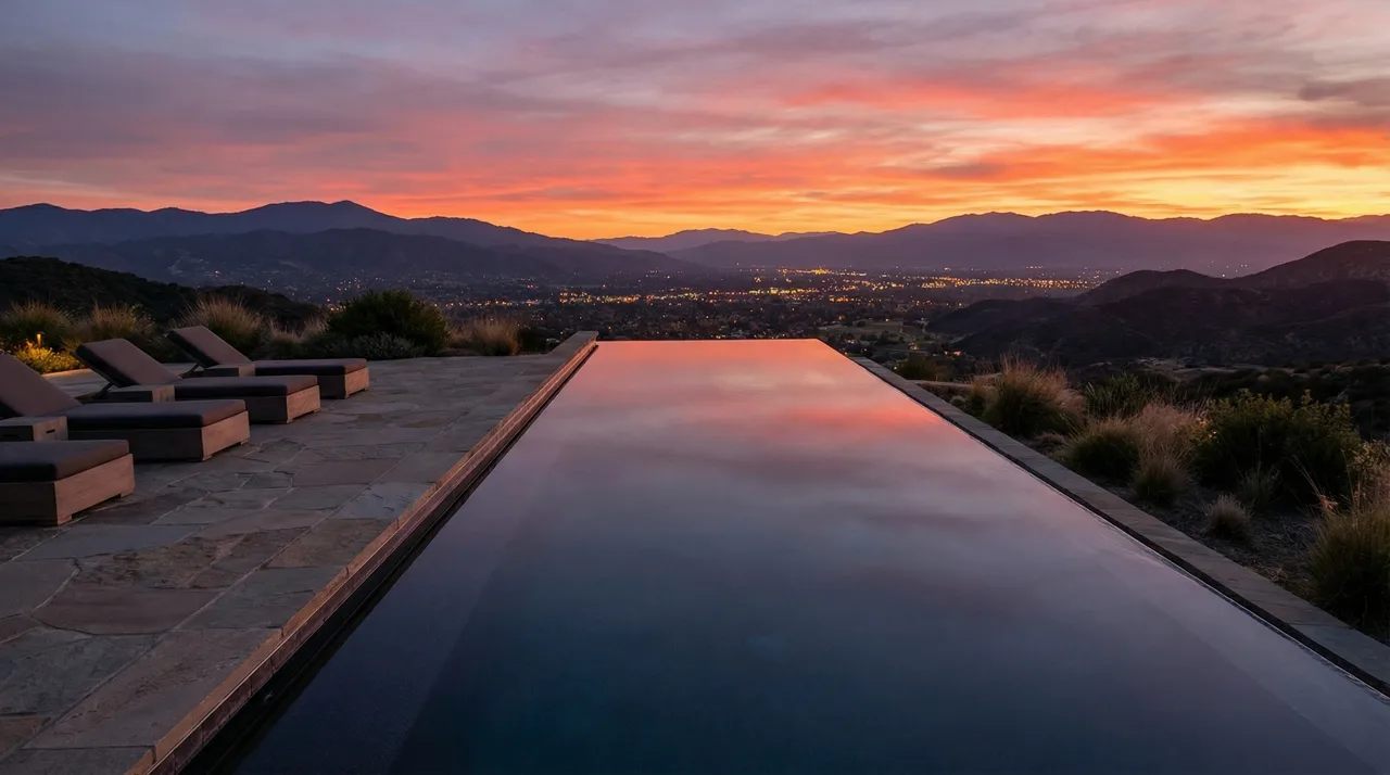 Luxury infinity edge pool at sunset overlooking distant Las Vegas valley city lights