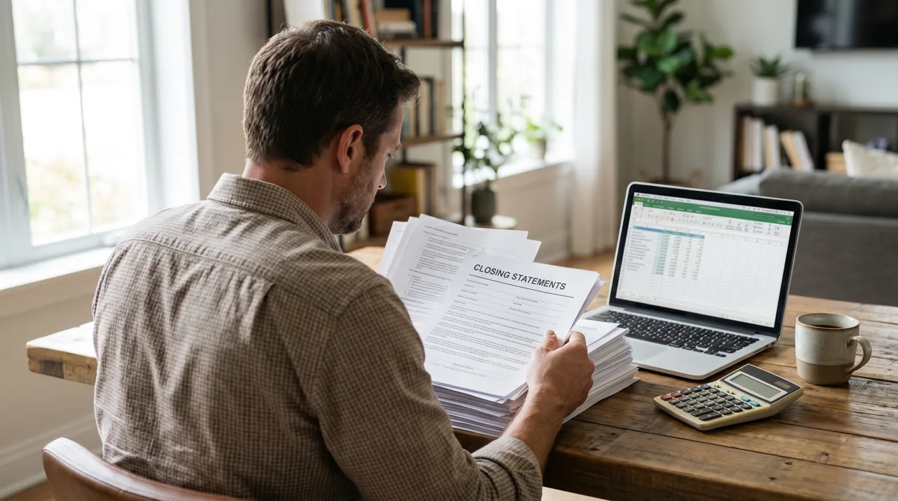 Real estate investor reviewing 1031 exchange documents at a desk with a laptop and calculator