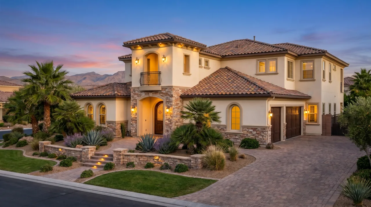 Italian-inspired luxury home with stucco exterior and tile roof in a Henderson master-planned community with desert landscaping and mountain views