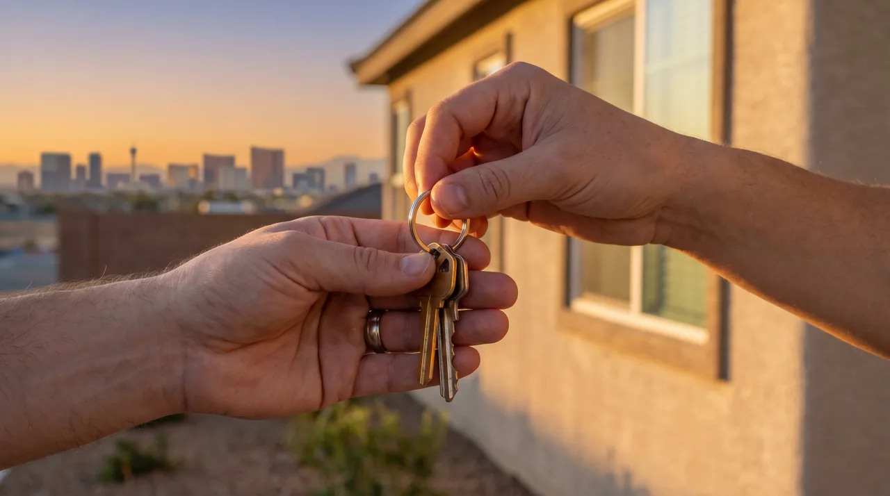 Close-up of house keys being handed from one person to another in front of a modern Las Vegas home at golden hour with a distant city skyline silhouette