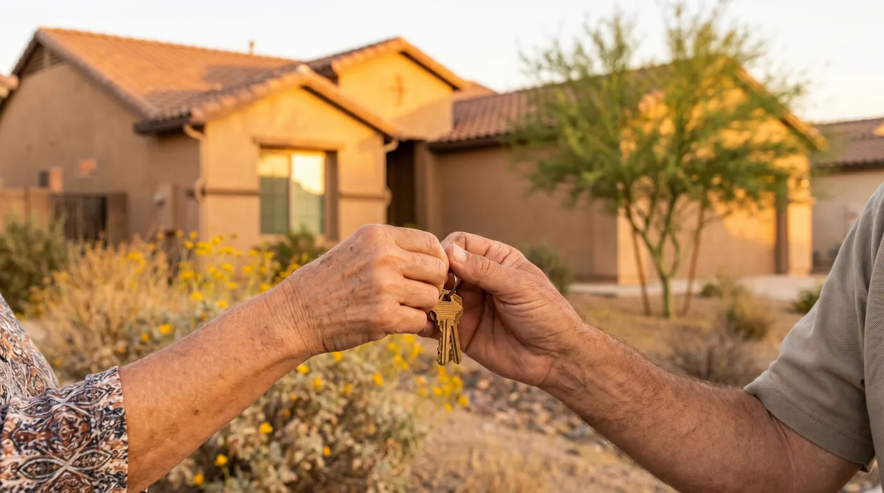 House keys being handed from one person to another in front of a Southwest-style home with desert landscaping