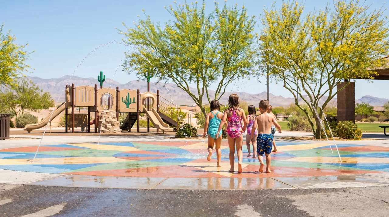 Kids playing on a splash pad at a Henderson neighborhood park