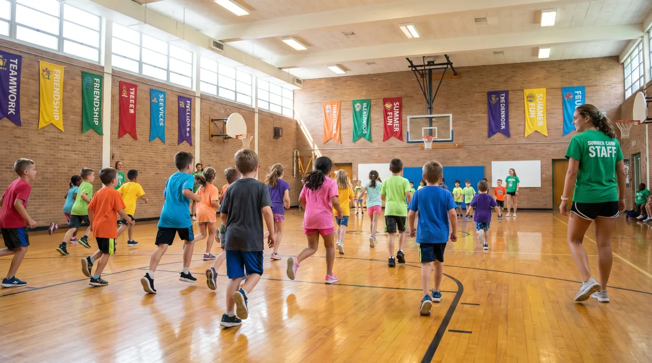Children participating in a summer camp activity in a community center gymnasium