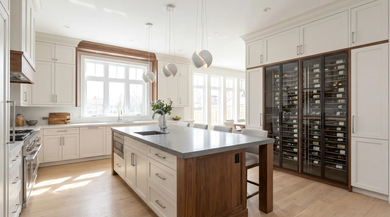Luxury custom home kitchen with built-in wine storage cabinet and stone counters