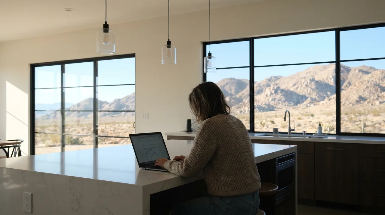 Person reviewing finances on a laptop at a modern kitchen island with desert mountains visible through floor-to-ceiling windows