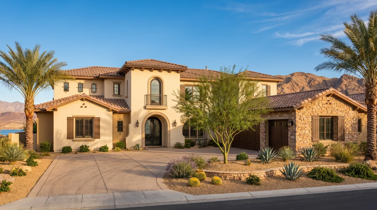 Modern Mediterranean-style luxury home exterior with desert landscaping and mountain backdrop at Lake Las Vegas