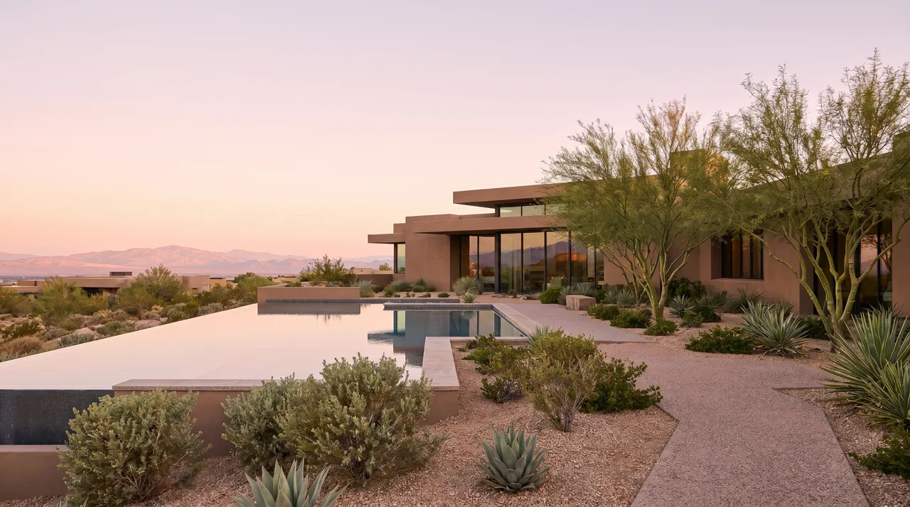 Luxury contemporary desert home with infinity pool at sunrise in the Las Vegas area