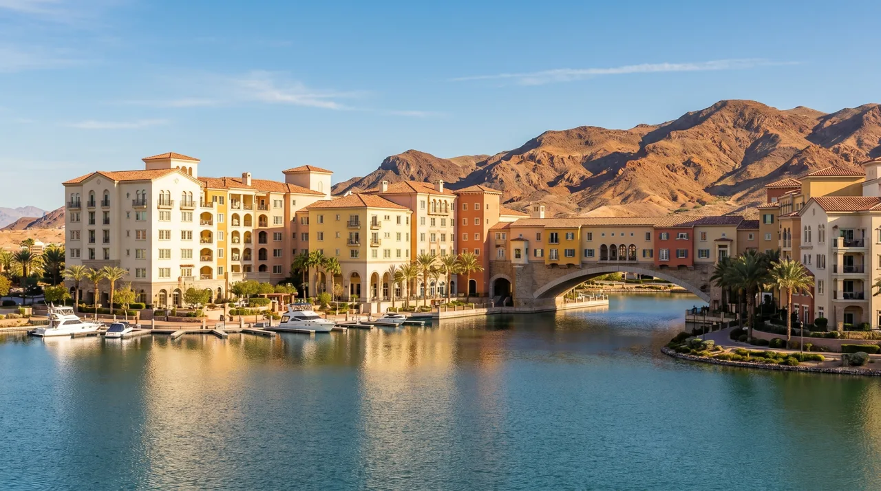 Lake Las Vegas waterfront village with Mediterranean architecture and mountains in the background