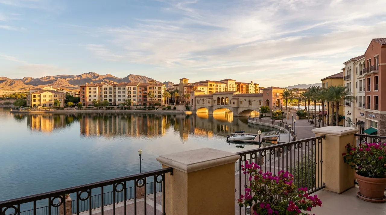 Mediterranean-style waterfront village at Lake Las Vegas with stucco buildings along the water in late afternoon