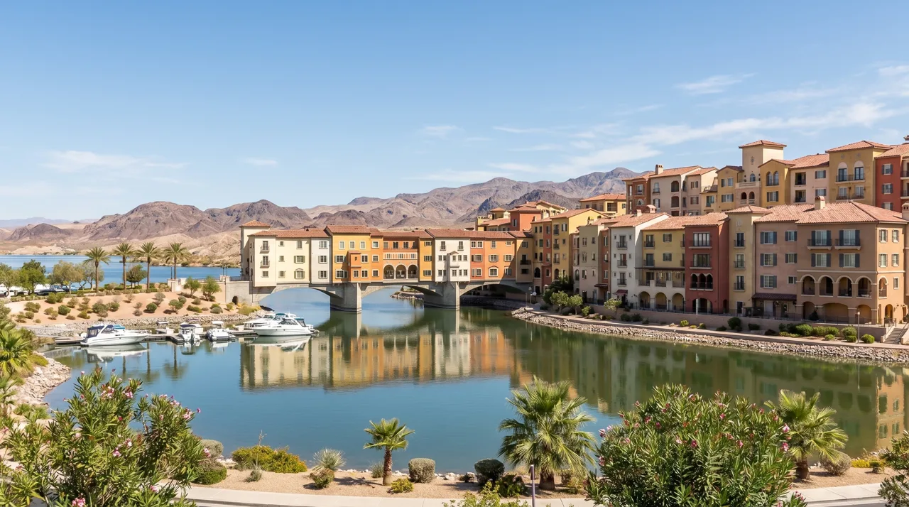 Waterfront view of Lake Las Vegas with Mediterranean-inspired Montelago Village along the shoreline