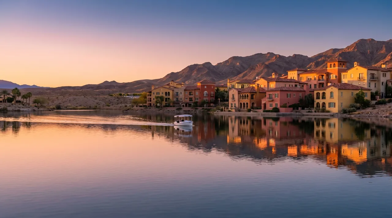 Calm Lake Las Vegas at sunrise with a single boat on the water and desert mountains in the distance