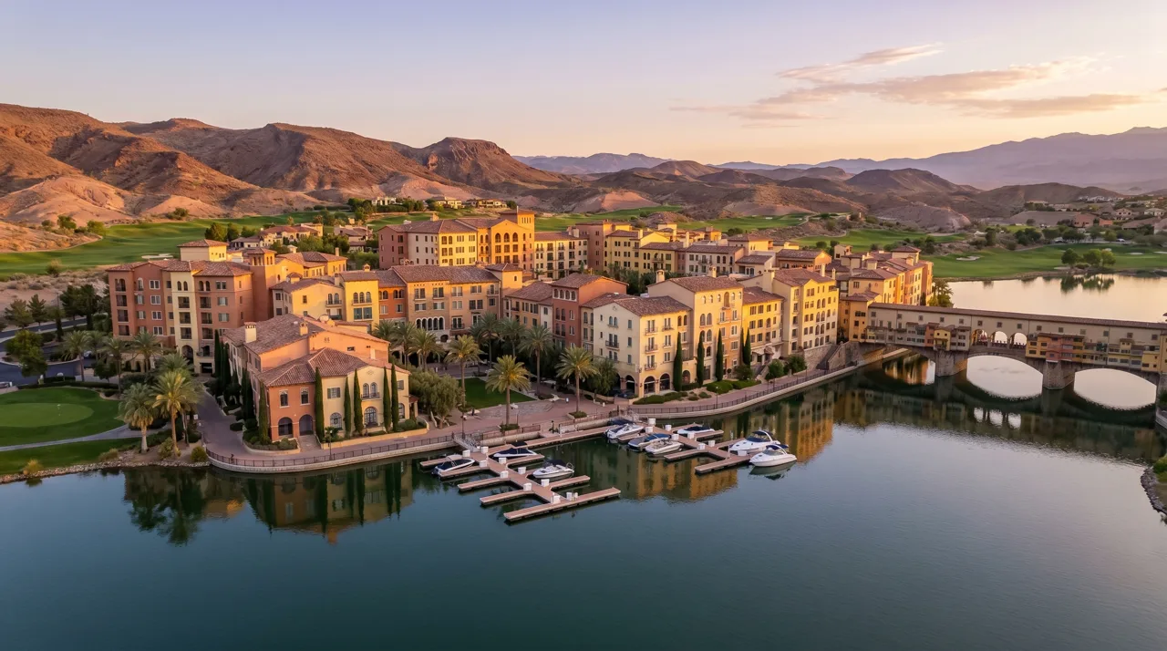 Elevated view of Lake Las Vegas with the Mediterranean village, lakefront homes, and desert mountains at golden hour