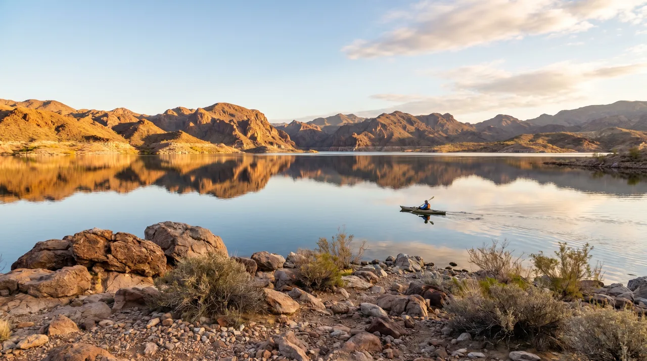 A kayaker paddling on Lake Mead with desert mountains in the distance