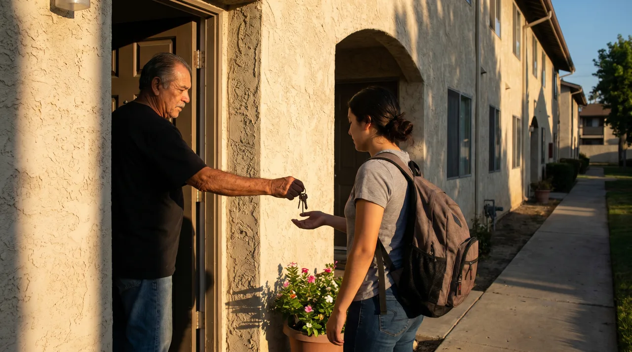 A landlord handing house keys to a new tenant at the door of a rental unit
