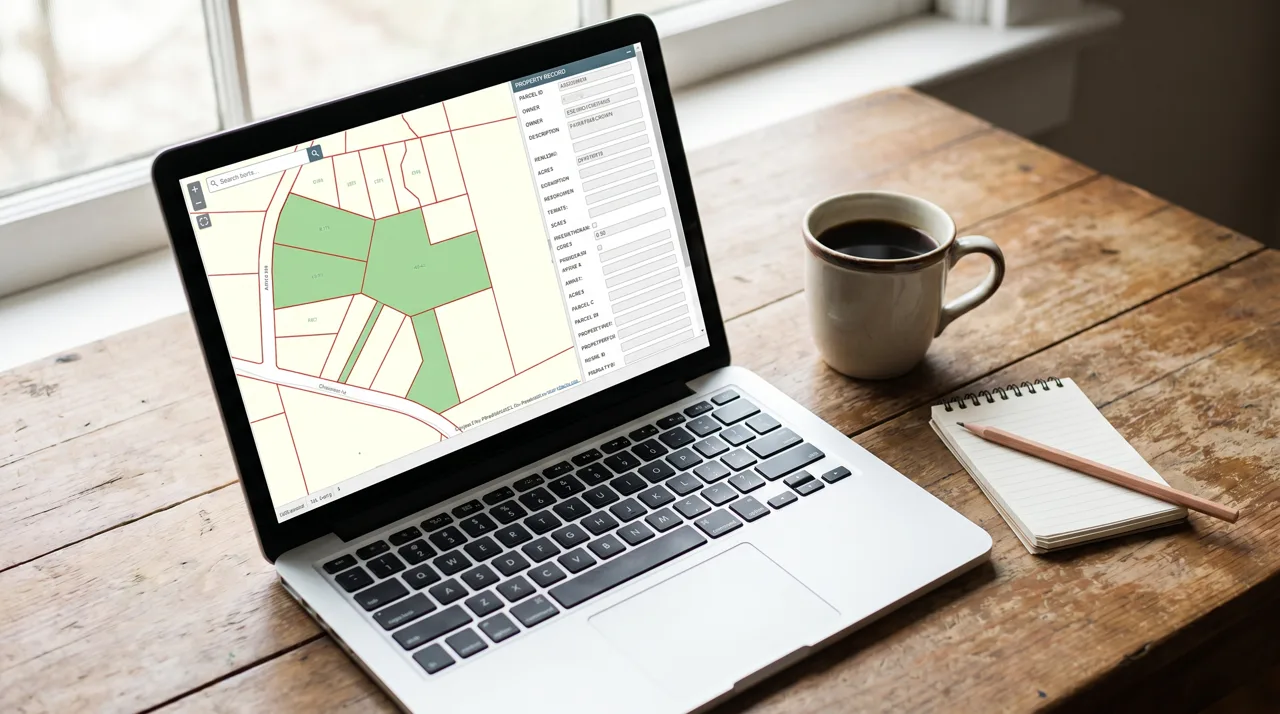 Laptop on a desk showing a parcel map and property records with a coffee cup beside it
