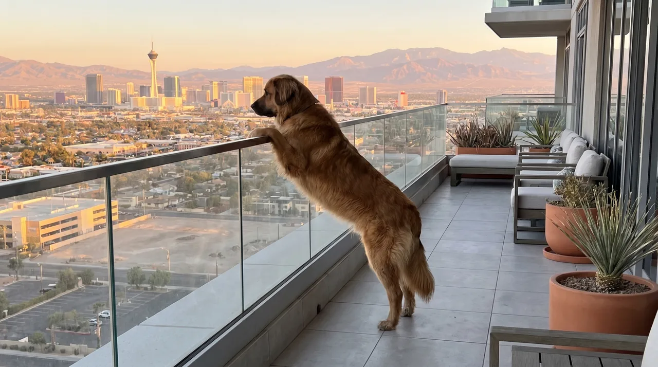 Large dog standing on a modern high-rise condo balcony with the Las Vegas skyline visible in the background