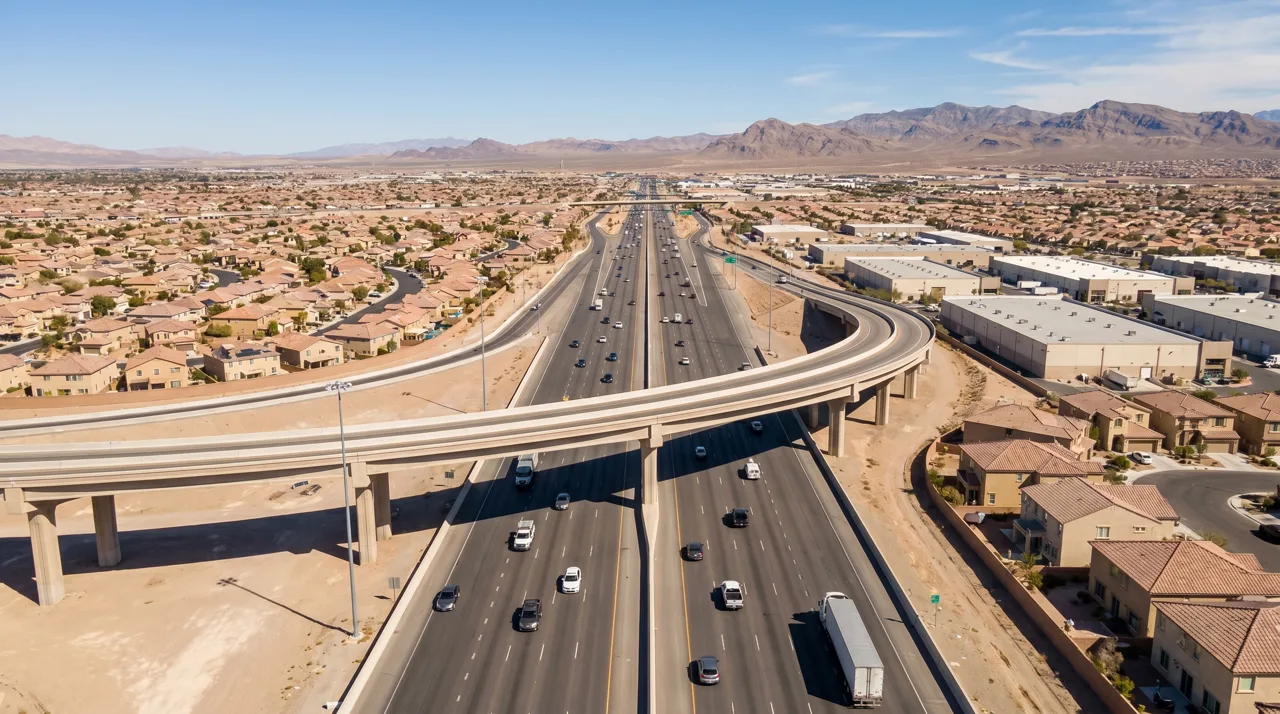 Aerial view of the 215 Beltway freeway interchange in Las Vegas with daytime traffic