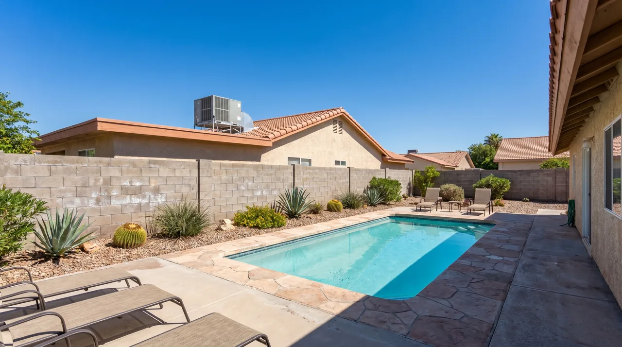 Backyard of a Las Vegas home with a swimming pool and rooftop air conditioning unit under a clear desert sky